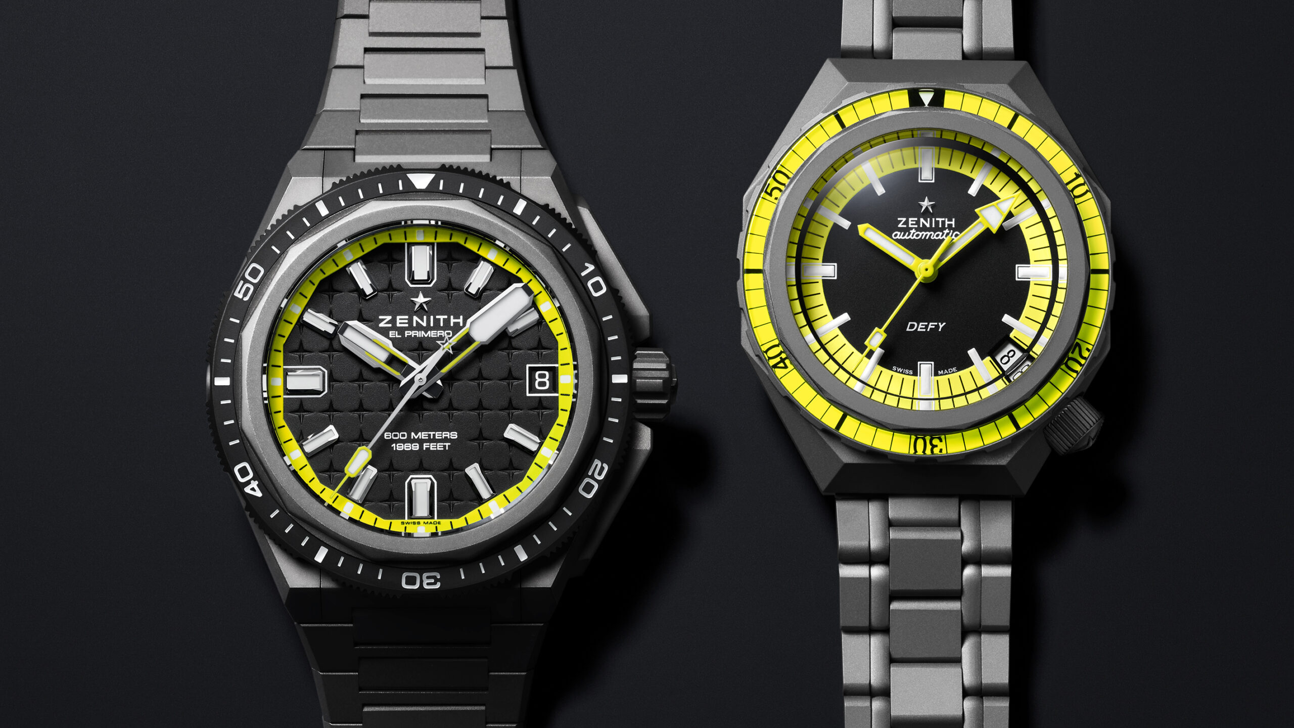 2-STILL-1_DEFY-Diver-_97.9600.3620.21.I300_97.A3648.670.21.M3648_16x9 Hodinky ZENITH DEFY Extreme Diver a DEFY Revival Diver Shadow z titanu s černo-žlutými detaily a sportovním designem, luxusní potápěčské modely dostupné v butiku Art de Suisse Karlovy Vary.