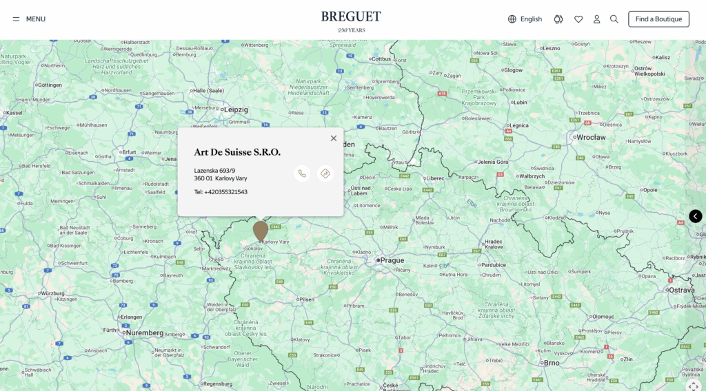 Mapa s oficiálním butikem Breguet – Art de Suisse Karlovy Vary, jediným autorizovaným prodejcem značky v České republice a střední Evropě.