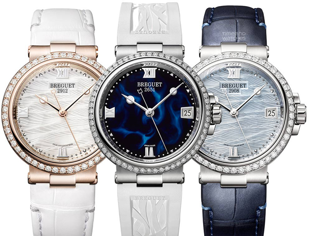 Luxusní dámské hodinky Breguet Marine Dame – tři varianty v růžovém a bílém zlatě s perleťovými a modrými číselníky inspirovanými mořskými vlnami.